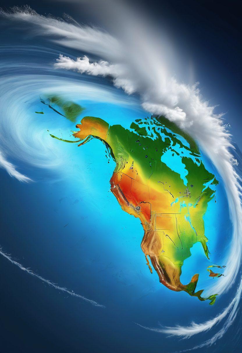 A dynamic visual of swirling weather patterns, showcasing a blend of tornadoes, rainfall, sunny skies, and snowflakes, illustrating the complexity of climatology. In the background, a gradient map of the Earth highlighting temperature changes and climate zones, with icons representing climate change effects like melting ice caps and droughts. Emphasize the interaction between nature and human factors. vibrant colors. super-realistic.