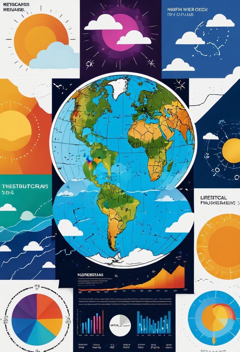 A collage of diverse weather patterns, including thunderstorms, sunshine, heavy snowfall, and hurricanes, with a globe in the center indicating climate change impacts. Include charts and graphs overlaying the images showing meteorological trends. Use vibrant colors to highlight the contrast between different weather phenomena. Infuse hints of digital technology elements like data streams to symbolize prediction models. super-realistic. vibrant colors. white background.