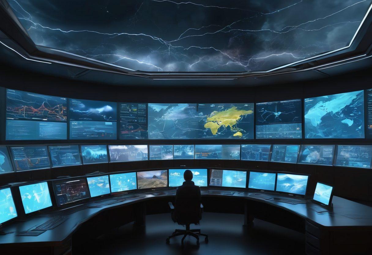A futuristic control room with large screens displaying real-time climate data and weather alerts, featuring scientists and meteorologists analyzing the information. Outside the windows, a stark contrast of dark storm clouds with lightning and a calm landscape, illustrating the impact of severe weather. Include an interactive map showing emergency routes and safe zones. Emphasize technology and urgency. cyberpunk. vibrant colors. 3D.